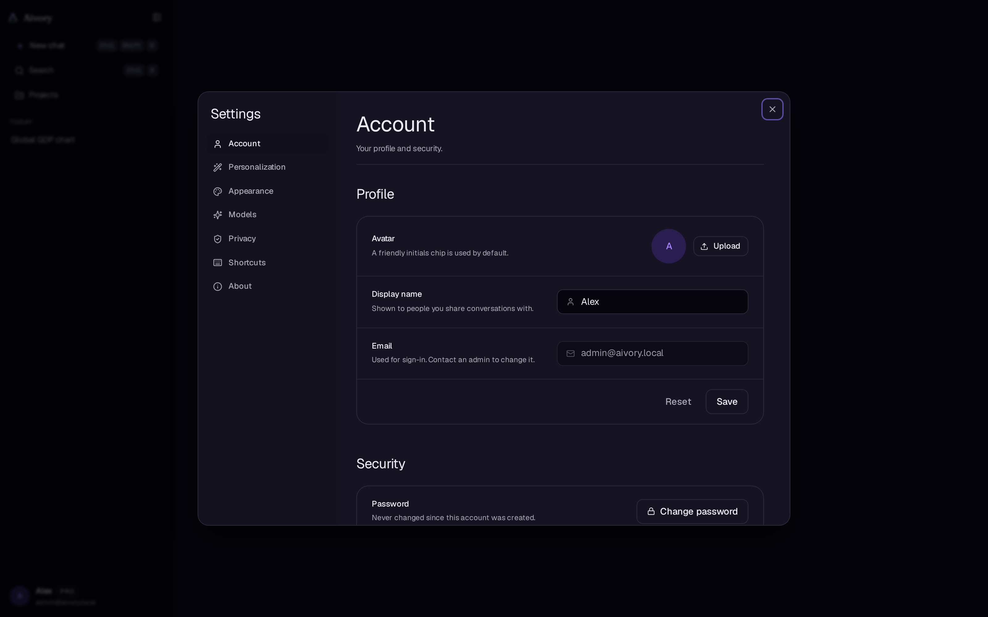 Account settings dialog